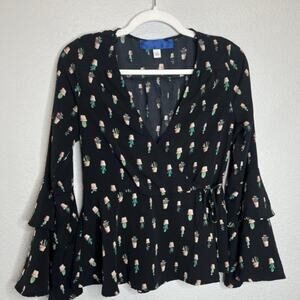 Blue Rain Small Black Ruffle Cactus Flowy Tie Wrap Blouse